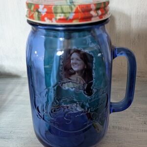 Rae Dunn Pioneer Woman Blue Glass Mason Jar with Floral Lid 320z